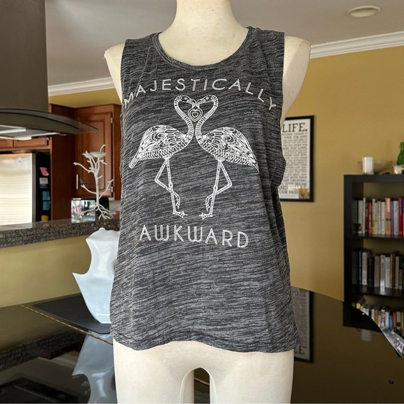 Majestically Awkward Flamingos Charcoal Gray Funny Graphic Muscle Tee Tank Top M - Picture 2 of 13